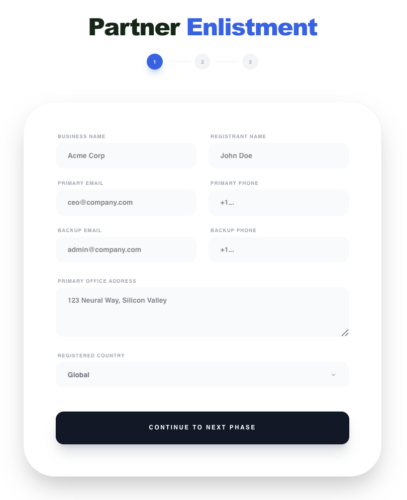 Multi-step partner enlistment wizard with progress indicator