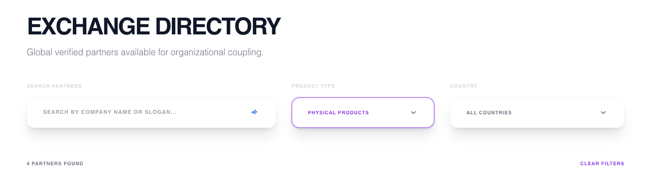 Exchange Directory page with search box and category filters