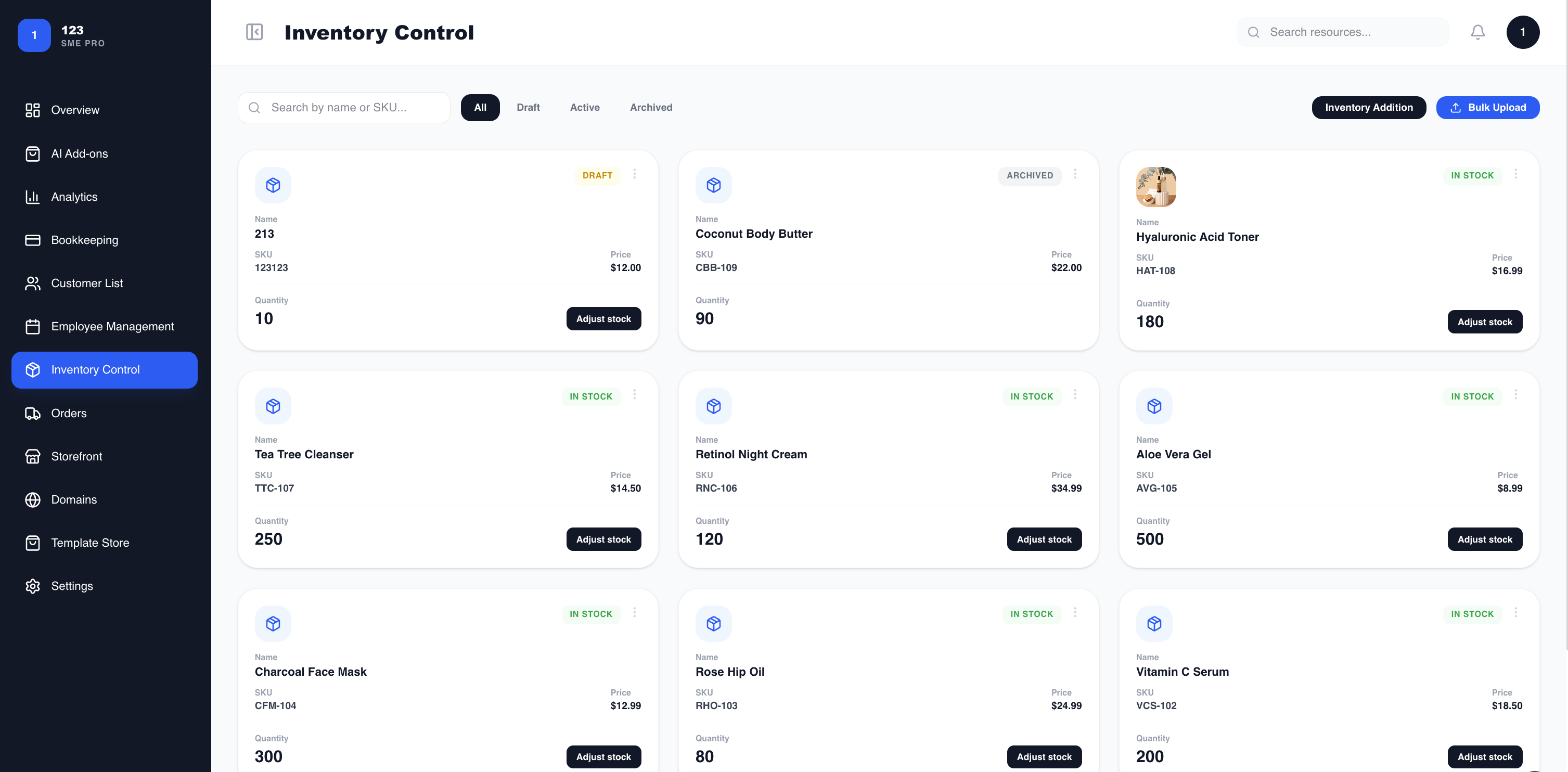 Inventory control screen listing products and services