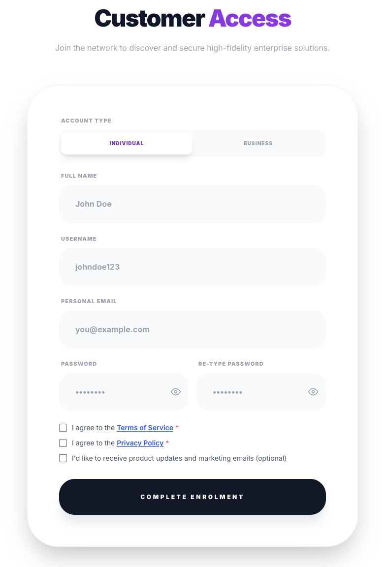 Customer sign-up form with account-type toggle and consent checkboxes
