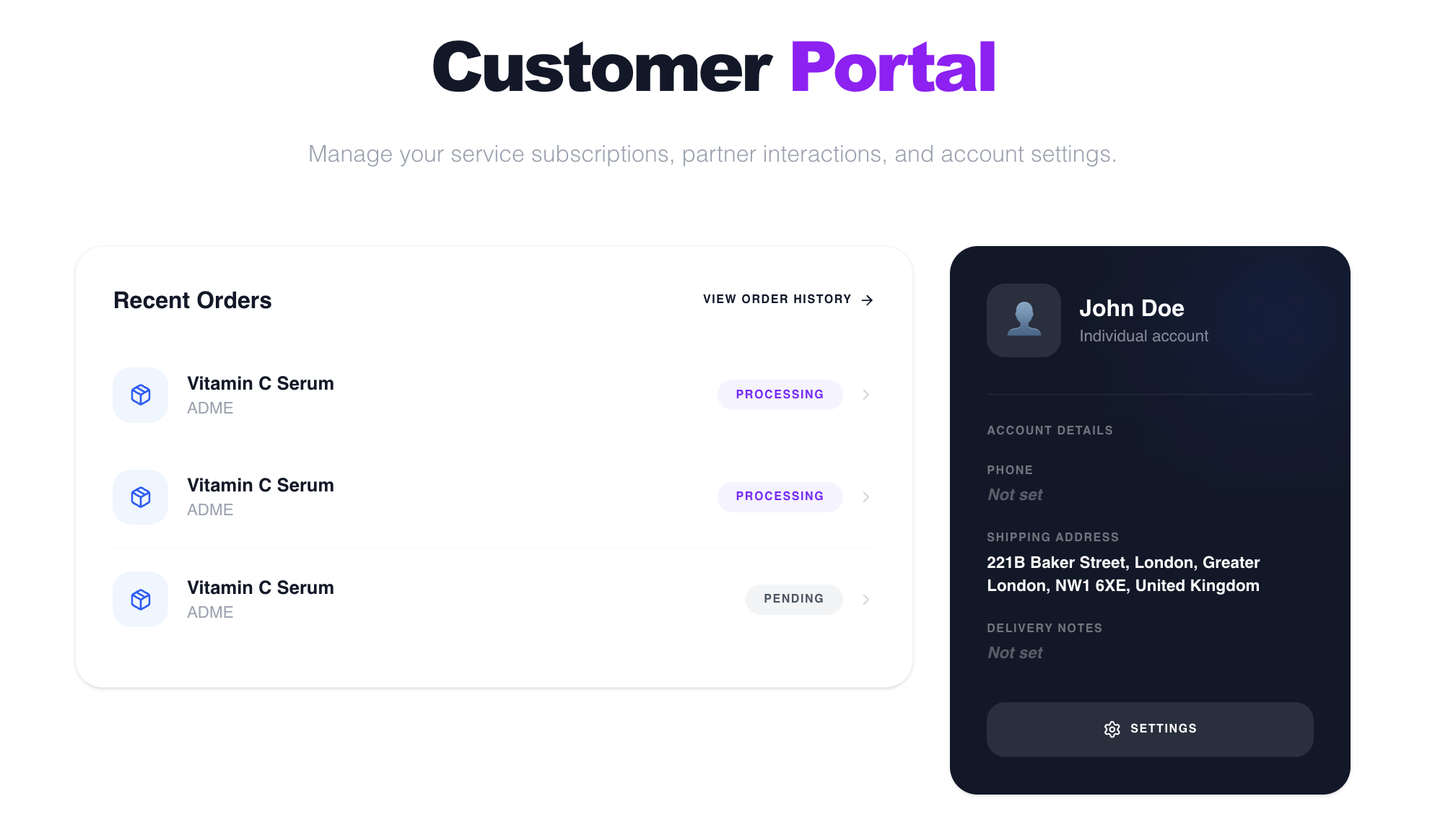 Customer portal home page with info card and recent orders
